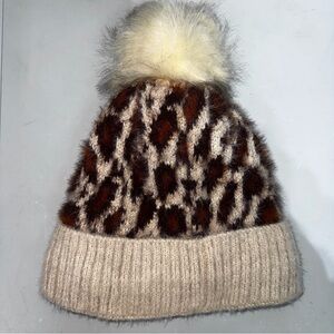 Leopard Print Ribbed Fleece‎ Lined Pom Pom Beanie Women’s Snow Hat Riggine